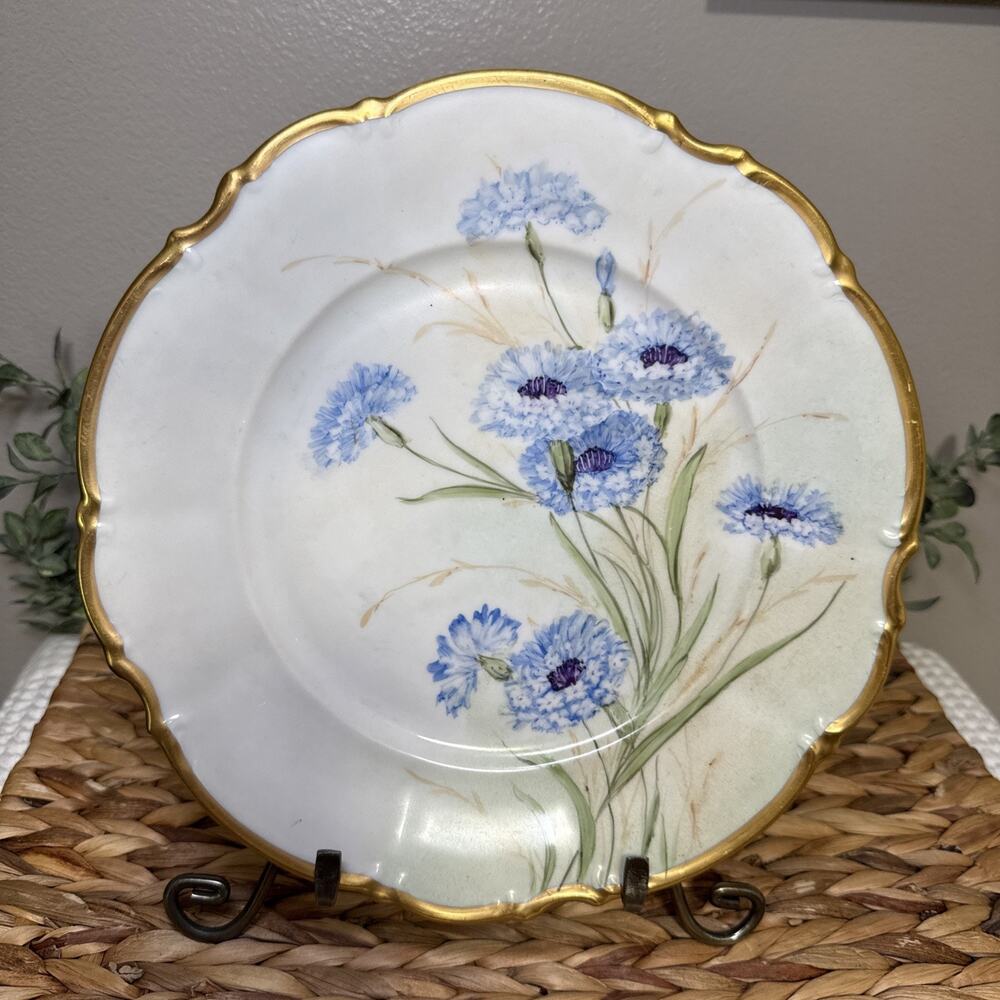 Hutschenreuther Bavaria Osborne China 10” Cornflower Dinner Plate 24K Gold Vtg